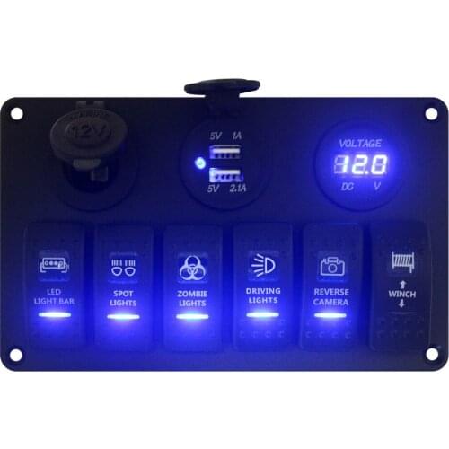Aluminum Caravan Bus Truck RV Blue Lamp 6 Gang Toggle Rocker Switch Panel & Power outlet /Duel Ports USB Charger /Voltmeter