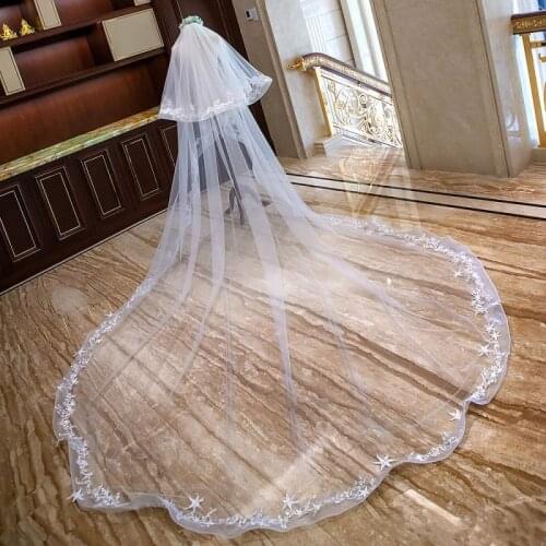 White Ivory 2T Wedding Veils Lace Applique Cathedral Length Bridal Veils With Comb Real Pictures Free Shipping