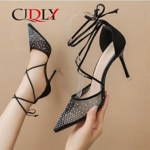 CJDLY 2020 Summer Women Crystal Sandals Ankle Buckle Pumps Thin Heel Ladies Pointed Toe Elegant Fashion Female Stilettos Shoes
