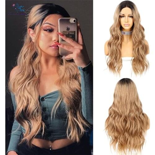 Long Body Wave #4 Ombre Brown Wig Synthetic Wigs for Women Natural Daily Middle Part Wig Heat Resistant Fiber Fashion Women Wig