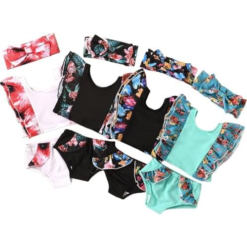 3Pcs Breathable Infant Girls Swimwear Suit, Summer Children Floral Printing Lace Sleeve Split Swimsuit + Bow Headwear Set 3m-3t