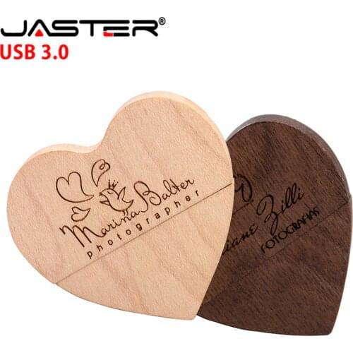 JASTER wooden USB 3.0 flash drive heart pen drive U disk 4GB 8GB 16GB 32GB 64GB 128GB free shipping for Christmas gifts