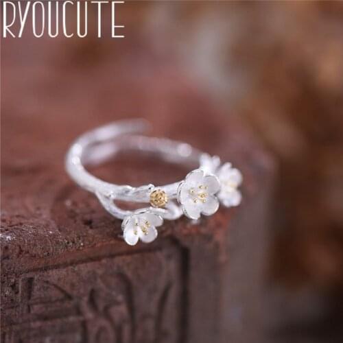 Simple Style Real Silver Color Plum Flower Rings for Women Gifts Wedding Jewelry Large Antique Finger Rings Anelli