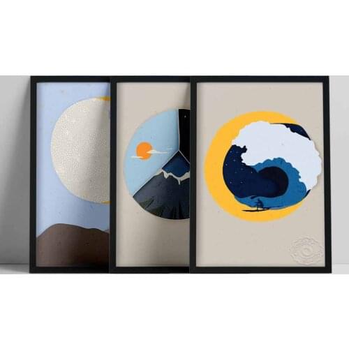 Circle Nature artwork, Sun and Moon, Day Night, Blue Yellow Abstract Poster, Wave Surf Print, Minimalist collage, Moderne Sunri