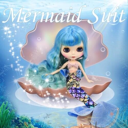 ICY DBS Blyth doll Mermaid suit Fish tail shiny scale pink bra clothes