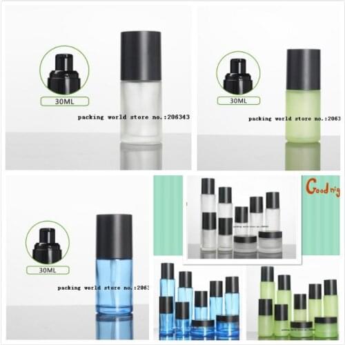 30ml frosted/green/blue glass bottle balck pump matte black lid for serum/lotion/emulsion/foundation/skin care cosmetic packing