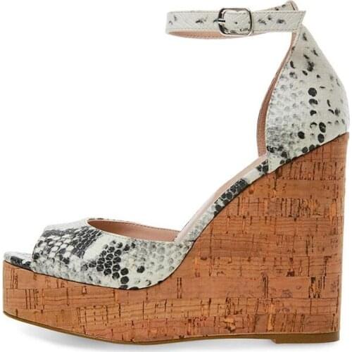 Moraima Snc Sexy Snakeskin Leather Peep Toe Ankle Strap Woman Sandals Summer Platform Wedge Shoes High Quality Dress Heels