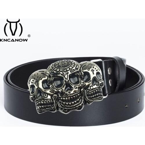 Mens Luxury Black Belt For Jeans New Ancient Tin Three Skull Buckles Dress Belts Fashion Cowboy Genuine Leather Strap Ceinture