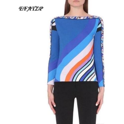 New 2016 spring High Quality Luxury Brands Designer Top Womens Long Sleeve Blue Geometry Printed XXL Casual Sheath Tee