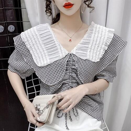 2021 new summer plaid drawstring pleated shirt design niche doll collar puff sleeve blouse top