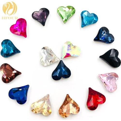 NEW HOT SALE 12X13mm 30pcs Skewed heart shape glass pointback rhinestones Crystal Mixed color Glue-on rhinestone DIY Accessories