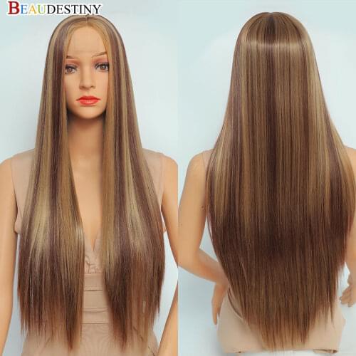 Beaudestiny Highlight Wig Synthetic Lace Front Wig Long Straight Part Lace Front Wig Cheap Brown Highlights Lace Front Wig Hair