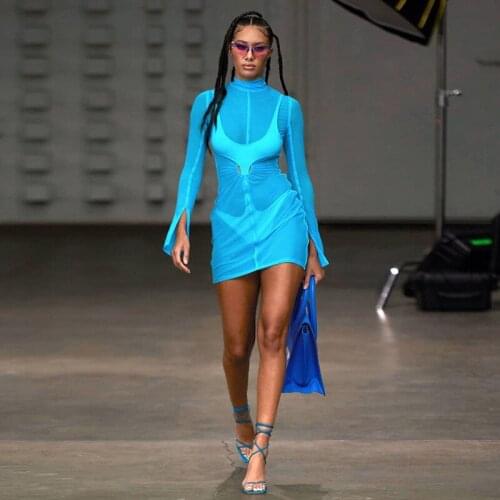 Adogirl Woman Sexy See-Through Mesh Turtleneck Bodycon Skinny Slim Dress Long Sleeve Club Party Wear Female Mini Dresses