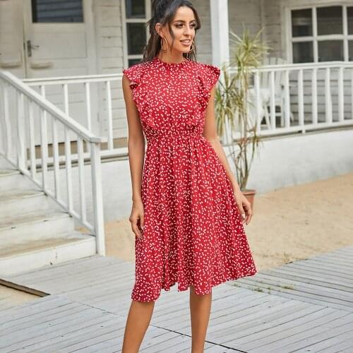 Dresses For Woman Summer 2021 Fashion Print Ruffled O Neck Casual Chiffon Dress Elegant Ladies Slim Sleeveless Midi Dress Red