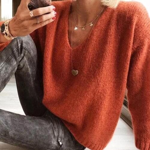Casual Femme Basic Women Sweaters and Pullovers in Womens Pullovers Autumn Winter Long Sleeve V Neck Solid Color Loose Knitwear