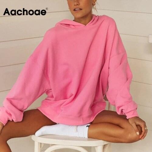 Aachoae Casual Solid Pullover Hoodies Sweatshirts Women Batwing Long Sleeve Loose Base Tops Lady Office Wear Hooded Hoodie