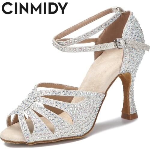 New Rhinestone Latin Dance Shoes Women Soft Bottom Salsa Shoes For Dancing Ladies Girl Dance Heels Golden Wedding Shoes Women