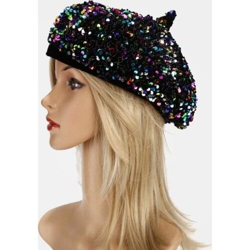 Spring and Aut Popular Sequins Painter Hat Female Version Trendy Beret Autumn Winter British Retro Octagonal Hat Design Beret