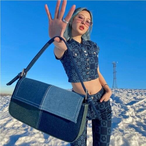 Vintage Denim Blue Underarm Bag Women Panelled Designer Shoulder Armpit Bag Casual Ladies Baguette Handbags Borsa a tracolla