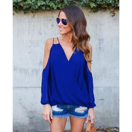 QA690 Women sexy cross V-neck chiffon blouse shirt spring long sleeve off shoulder top camisetas mujer
