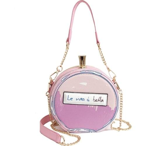 Fashion Round Letter Printed Perfume Bottle Shape Ladies Pu Leather Casual Handbag Chain Purse Shoulder Bag Messenger Bag Bolsa