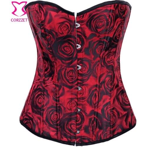 Women Burlesque Rose Fantasy Embroidered Corset Red and Black Gothic Corselet Overbust Sexy Body Shaper Bustier Espartilhos