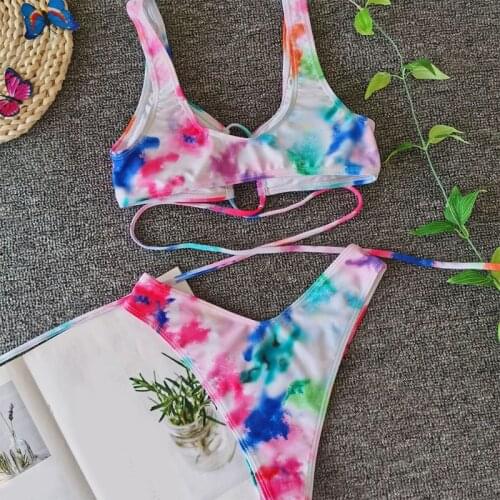 H9ED Women Sexy 2 Piece Bikini Set Rainbow Tie-Dye Printing Swimsuit Hollow Crisscross Strappy Tie Back Brazilian Bathing Suit