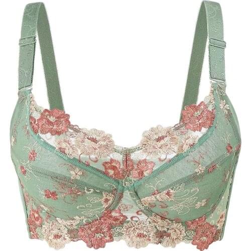 Womens Big Size Full Coverage Floral Embrodiery Ultra-thin Bra Lingerie 36 38 40 42 44 46 48 B C D E F