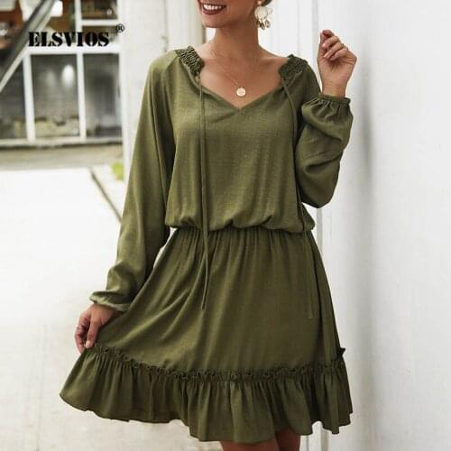 ELSVIOS Women Autumn Sexy v neck Drawstring dress Elegant Winter solid Long Sleeve Ruffles Party Dress Lady Elastic mini dress
