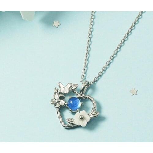 KOFSAC Romantic Crystal Blue Love Heart Necklaces For Women 925 Sterling Silver Flower Pendant Necklace Valentines Day Gifts