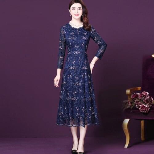 2020 Spring Fall Vintage Womens Lace Patchwork Embroidery Blue Long Dress , Autumn Vintage Woman Female 4xl Dresses
