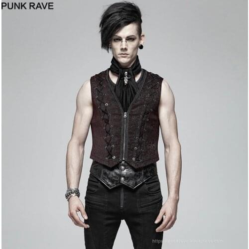PUNK RAVE New Mens Goth Visual Kei Black-red Sleeveless Personality Vest Punk Tank Tops Neckline Is Affixed 3D Pattern Ribbon