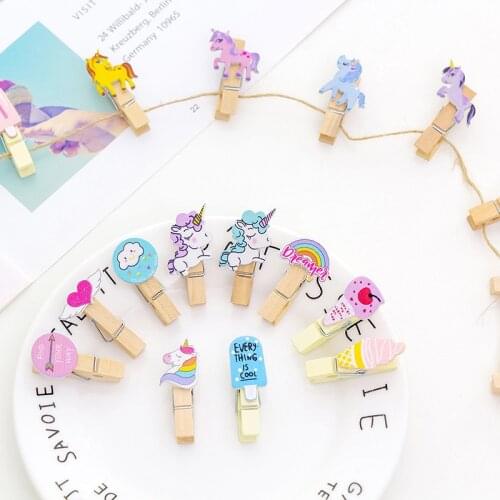 10 pcs/pack Creative Cloud Unicorn Flamingo Cactus Cat Carrot Wooden Clip Binder Photo Paper Craft DIY Clips with Hemp Rope