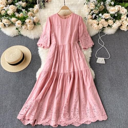Croysier Summer Clothes For Women Dresses 2021 Casual Sweet Embroidery Lace Dress Round Neck Short Sleeve Cozy Loose Midi Dress