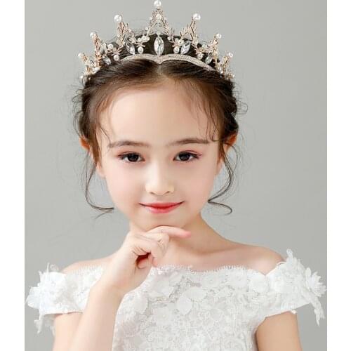 Girl Crown Headdress Crystal Hair Accessories Childrens Princess Hair Hoop Children Birthday Flower Branch Pearl Crown