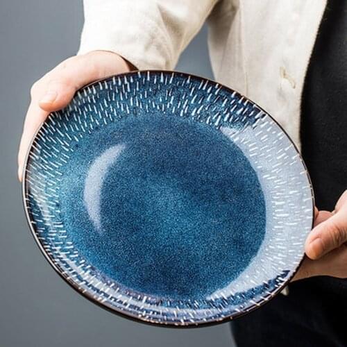 FANCITY Home Blue Plate Creative Ceramic Dinner Plate Round Plate Nordic Flat Plate Western Dinner Plate Steak Plate Personalize