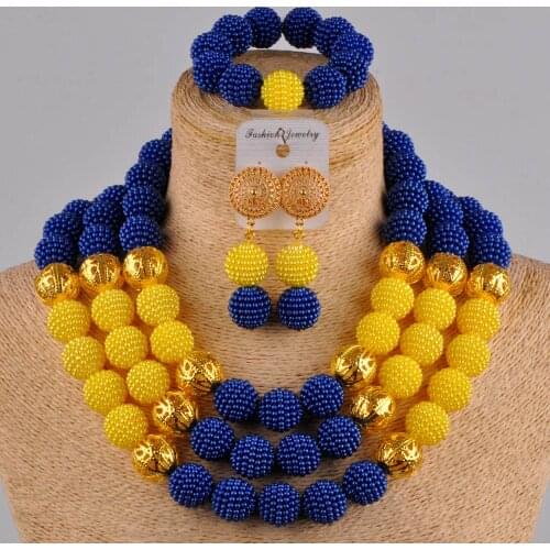 Amazing royal blue and yellow african wedding beads nigerian necklace jewelry set simulated pearl