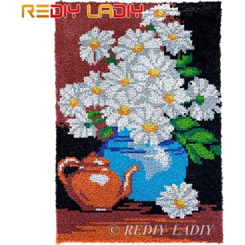 Latch Hook Rug Chunky Yarn Tapestry Kits DIY Carpet Rug Daisy with Vase Knitted Floor Mat Crochet Cushion Arts & Crafts 58*87cm