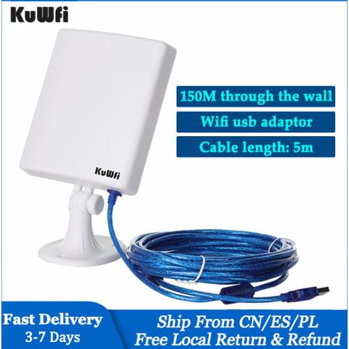 KuWfi 150Mbps Wifi Receiver Soft AP High Gain 14dBi Antenna 5m Cable USB Adapter High Power Outdoor Waterproof Long Range