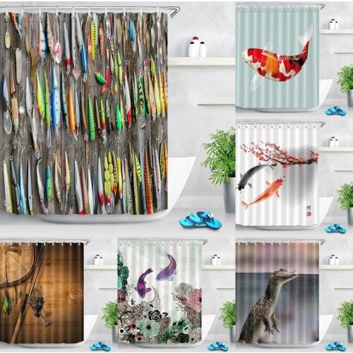 LB 72'' Used Fishing Lures On Old Wooden Fence Bathroom Waterproof Fabric Shower Curtain Polyester 12 Hooks Bath Accessory Sets