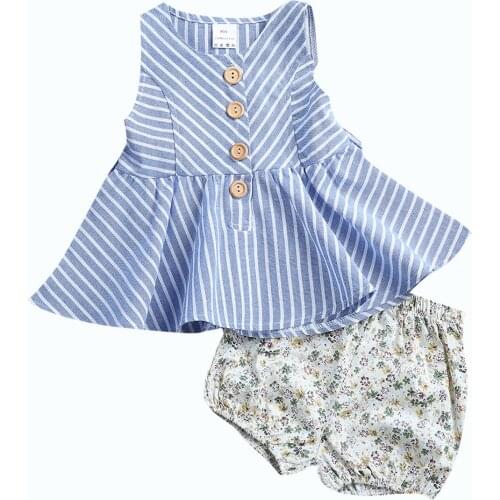 2017 Summer Toddler Baby Girl Button+Belt Sleeveless Top +Print Shorts 2pcs Sunsuit Outfits Size 1-4T