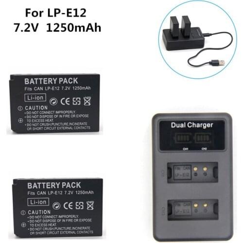 7.2V 1250mAh LP-E12 LP E12 LPE12 Li-ion Battery + LCD USB Dual Charger for Canon EOS M50 EOS M100 100D Kiss X7 Rebel SL1 Camera