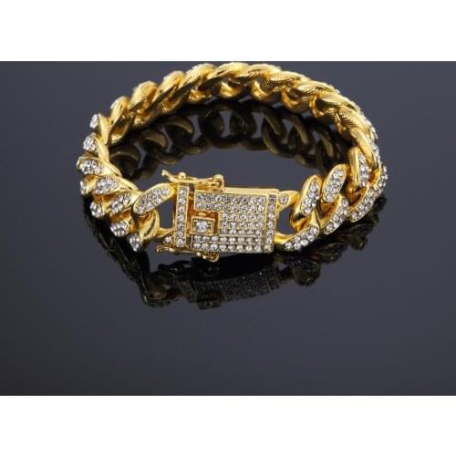 Men Hip Hop Bracelets Zinc Alloy With Rhinestone Bracelet 12mm Wide ButterflyClasp Thick Goldplated Bracelet Cuba Chain