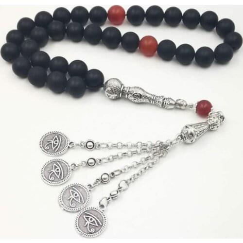 Mans tasbih Natural Frosted black agates with Old Red Agates beads misbaha Metal Eyes tassel Onxy prayer beads 33 66 99beads