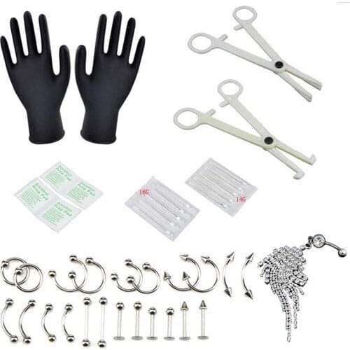 37PCS/Set Professional Piercing Tool Kit Body Piercing Tools Sterile Belly Body Ring Needle Sets Cartilage Tools Body Jewelry