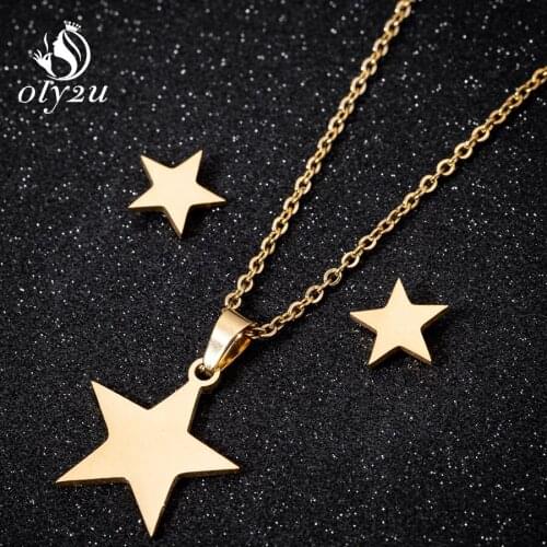 Olytu Gold Star Necklace Earrings Jewelry Sets For Women Stainless Steel Long Star Pendant Choker Earrings Necklace Set bijoux
