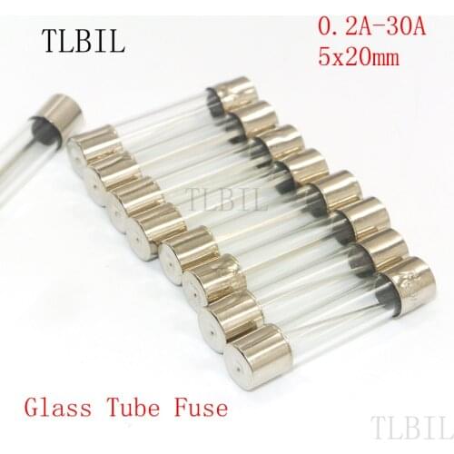 100pcs/lot Glass Tube Fuse 5x20mm 0.2A 0.5A 1A 1.5A 2A 2.5A 3A 3.15A 4A 5A 6A 8A 10A 15A 20A 25A 30A/250V Fast Quick Blow Fuses