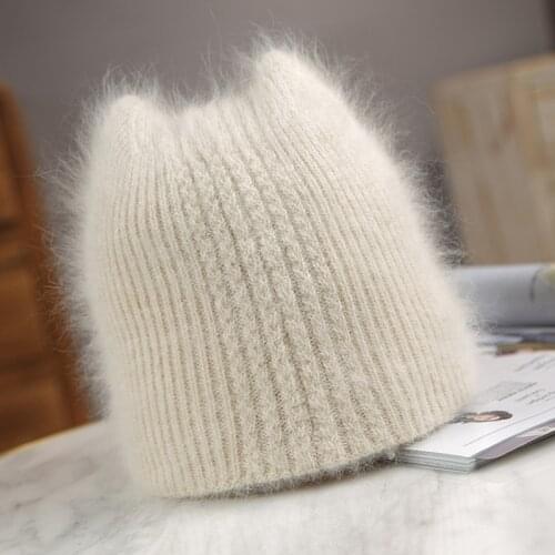 Simple Girl Rabbit fur ear Hat for Women Winter Warm wool Cap Female Cap