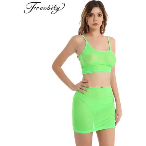See-through Mesh Lingerie Set Womens Hollow Out Strappy Swimsuit Beachwear Clubwear Crop Top with Mini Skirt Sexy Suit Nightwear