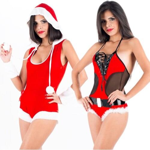 Sexy Women Christmas Red Cosplay Costumes Bodysuit Lingerie Set Lace Up Transport Cute Maid Cosplay Sleepwear Nightwear